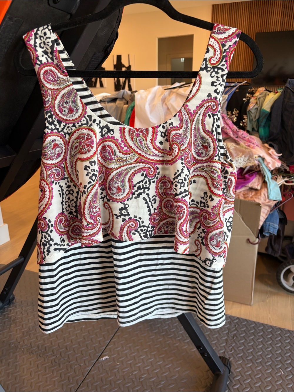 Meadow Rue Red Paisley Tank with Black & White Stripes